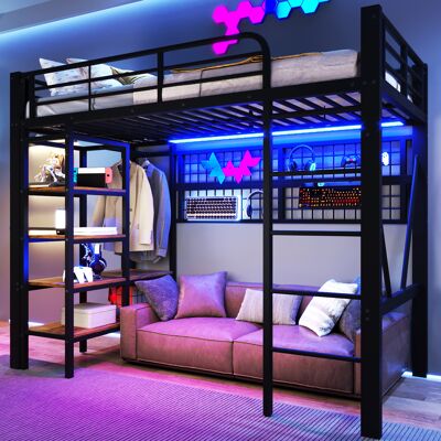 JHY DESIGN Cama Alta De 90 X 200 Cm, Estructura De Hierro, Compartimento De Almacenamiento, Red Para Ropa, Barra Para Colgar Ropa, Espacio Abierto Bajo La Cama, Iluminación Led, Colchón No Incluido, Color Negro. JHY DESIGN Cama Alta De 90 X 200 Cm, Estructura De Hierro, Compartimento De Almacenamiento, Red Para Ropa, Barra Para Colgar Ropa, Espacio Abierto Bajo La Cama, Iluminación Led, Colchón No Incluido, Color Negro.