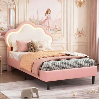 OEM Cama Infantil 90x200 Con Cabecero Nube Led - Similcuero Rosa, Somier De Lamas, Marco De Madera OEM Cama Infantil 90x200 Con Cabecero Nube Led - Similcuero Rosa, Somier De Lamas, Marco De Madera