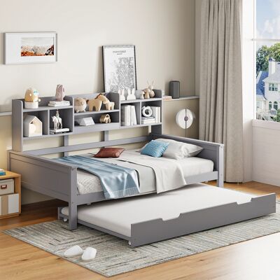 JHY DESIGN Sofá Cama Extensible De 90 X 200 Cm En Madera Maciza, Cama Extraíble De 90 X 190 Cm, Con Compartimento De Almacenamiento Y Somier De Láminas, Cama Multifuncional De Pino, Cama Individual, Gris. JHY DESIGN Sofá Cama Extensible De 90 X 200 Cm En Madera Maciza, Cama Extraíble De 90 X 190 Cm, Con Compartimento De Almacenamiento Y Somier De Láminas, Cama Multifuncional De Pino, Cama Individual, Gris.