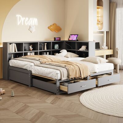 JHY DESIGN Sofá De Madera Maciza De 90/180190 Cm, Con Cama Extraíble, Compartimento De Almacenamiento, Enchufe Europeo Multifuncional, Cajones, Somier De Láminas, Cama Individual Multifuncional De Madera, Gris. JHY DESIGN Sofá De Madera Maciza De 90/180190 Cm, Con Cama Extraíble, Compartimento De Almacenamiento, Enchufe Europeo Multifuncional, Cajones, Somier De Láminas, Cama Individual Multifuncional De Madera, Gris.