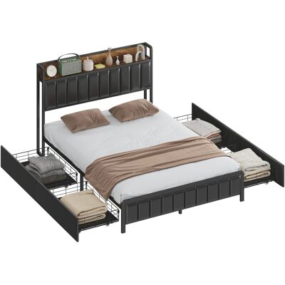 JHY DESIGN Estructura De Cama De 140 X 190 Cm Con Somier De Láminas Metálicas, Cama Doble Tapizada Con 4 Cajones Y Estante, Color Negro. JHY DESIGN Estructura De Cama De 140 X 190 Cm Con Somier De Láminas Metálicas, Cama Doble Tapizada Con 4 Cajones Y Estante, Color Negro.
