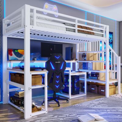 JHY DESIGN Cama Alta, 90 X 200 Cm, Estructura De Hierro, Compartimento De Almacenamiento, Escalera Con Espacio De Almacenamiento, Barandilla De Seguridad, Iluminación Led, Escritorio Con Puerto Usb, Colchón No I JHY DESIGN Cama Alta, 90 X 200 Cm, Estructura De Hierro, Compartimento De Almacenamiento, Escalera Con Espacio De Almacenamiento, Barandilla De Seguridad, Iluminación Led, Escritorio Con Puerto Usb, Colchón No I