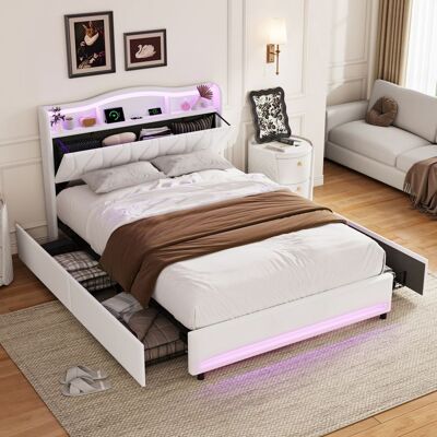 OEM Cama Doble - Tamaño Queen 160x200 Cm - Terciopelo Beige - 4 Cajones Y Cabecero Con Almacenamiento - Led Multicolor + Usb/type-c OEM Cama Doble - Tamaño Queen 160x200 Cm - Terciopelo Beige - 4 Cajones Y Cabecero Con Almacenamiento - Led Multicolor + Usb/type-c