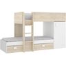 DEKIT Cama Tren con Armario y cajones Blanco / Natural 150x195-255x112-199 cm - move - Blanco y Natural