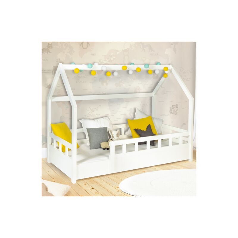 IDMARKET Cama cabaña infantil blanca con somier y barandillas 80 x 160 cm neree