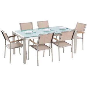 BELIANI Conjunto de comedor de jardín beige con mesa 180 x 90 cm de vidrio agrietado 6 sillas Grosseto - Plateado