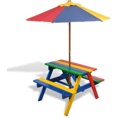 Vidaxl - Mesa De Picnic Y Bancos De Niños Y Sombrilla Madera Multicolor Vidaxl - Mesa De Picnic Y Bancos De Niños Y Sombrilla Madera Multicolor