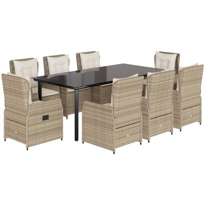 Conjunto de comedor de jardín 9 pzas - Beige, Respaldo ajustable, Mesa de vidrio Conjunto de comedor de jardín 9 pzas - Beige, Respaldo ajustable, Mesa de vidrio