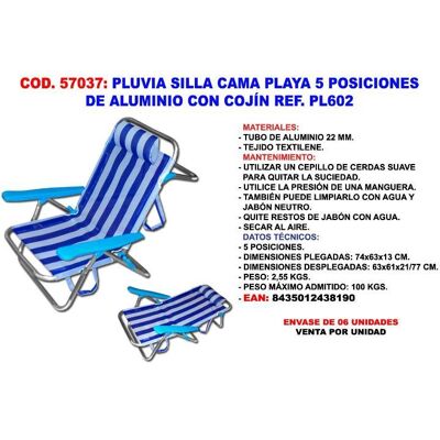 EDM Pluvia Finstok Silla Baja Playa Cama 5 Posi Alu 22mm Cojin Pl602 EDM Pluvia Finstok Silla Baja Playa Cama 5 Posi Alu 22mm Cojin Pl602