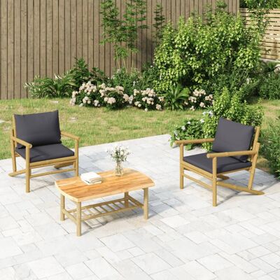 Conjunto de Lounge de Jardín vidaXL - Bambú Natural, Cojines Grises, 3 pzs Conjunto de Lounge de Jardín vidaXL - Bambú Natural, Cojines Grises, 3 pzs