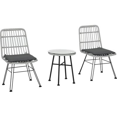 JHY DESIGN Conjunto De Jardín De 3 Piezas En Pe Y Ratán De Acero, Mesa Con Tablero De Cristal, 2 Sillas, Ideal Para Balcones. JHY DESIGN Conjunto De Jardín De 3 Piezas En Pe Y Ratán De Acero, Mesa Con Tablero De Cristal, 2 Sillas, Ideal Para Balcones.