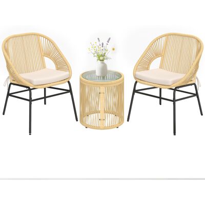 JHY DESIGN Conjunto De Salón Tipo Bistró De 3 Piezas Para Balcón Con 2 Sillones Cómodos Y Mesa De Cristal Templado Con Cojines Extraíbles, Color Beige. JHY DESIGN Conjunto De Salón Tipo Bistró De 3 Piezas Para Balcón Con 2 Sillones Cómodos Y Mesa De Cristal Templado Con Cojines Extraíbles, Color Beige.