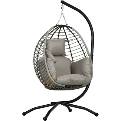 JHY DESIGN Silla Colgante, Cojines Para Asiento Y Respaldo, Cesta De Almacenamiento Plegable, Portavasos, Estructura Metálica, Color Gris. JHY DESIGN Silla Colgante, Cojines Para Asiento Y Respaldo, Cesta De Almacenamiento Plegable, Portavasos, Estructura Metálica, Color Gris.