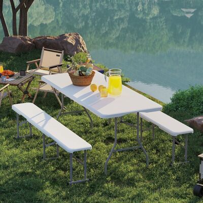 PZCC Conjunto De Picnic Plegable De 3 Piezas Con Mesa Y 2 Bancos, Fabricado En Hdpe Y Metal, En Color Blanco Y Gris Claro. PZCC Conjunto De Picnic Plegable De 3 Piezas Con Mesa Y 2 Bancos, Fabricado En Hdpe Y Metal, En Color Blanco Y Gris Claro.
