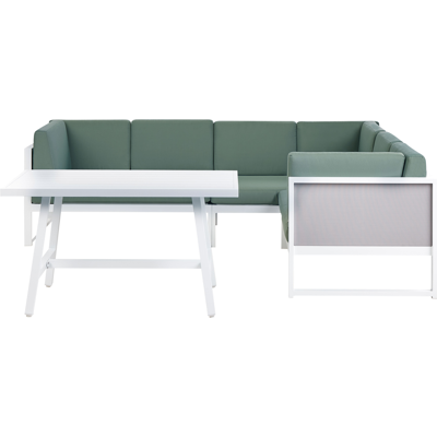Conjunto de jardín moderno Beliani - Castella/Fratte - Mesa de aluminio, cojines impermeables Conjunto de jardín moderno Beliani - Castella/Fratte - Mesa de aluminio, cojines impermeables