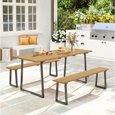 BEAOK Conjunto De Jardín De Madera Y Acero, 6 Plazas, Natural, Mesa De Picnic Con 2 Bancos Y Orificio Para Sombrilla BEAOK Conjunto De Jardín De Madera Y Acero, 6 Plazas, Natural, Mesa De Picnic Con 2 Bancos Y Orificio Para Sombrilla