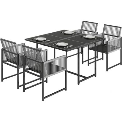 JHY DESIGN Conjunto De Muebles De Jardín De 5 Piezas, Tumbona Para Patio, Mesa De Cristal Con 4 Sillas Plegables Transpirables Con Respaldo De Cuerda. JHY DESIGN Conjunto De Muebles De Jardín De 5 Piezas, Tumbona Para Patio, Mesa De Cristal Con 4 Sillas Plegables Transpirables Con Respaldo De Cuerda.