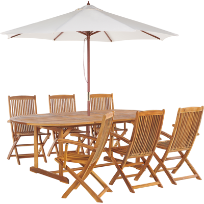 Conjunto de comedor exterior de madera de acacia ligera Beliani - Diseño rústico Conjunto de comedor exterior de madera de acacia ligera Beliani - Diseño rústico