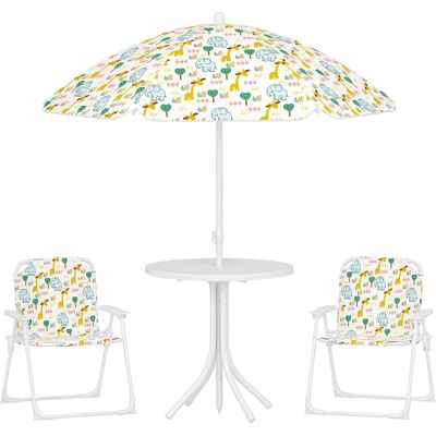 JHY DESIGN Conjunto De Mesa Y Sillas De Jardín Infantiles, 4 Piezas, Sillas Plegables, Sombrilla Ajustable, Estampado De Elefantes, Blanco. JHY DESIGN Conjunto De Mesa Y Sillas De Jardín Infantiles, 4 Piezas, Sillas Plegables, Sombrilla Ajustable, Estampado De Elefantes, Blanco.