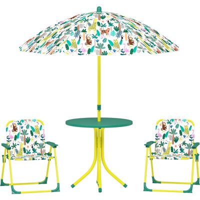 JHY DESIGN Conjunto De Muebles De Jardín Infantiles, Conjunto De 4 Piezas Con Sombrilla Desmontable, Mesa Infantil Y 2 Sillas Plegables, Color Verde. JHY DESIGN Conjunto De Muebles De Jardín Infantiles, Conjunto De 4 Piezas Con Sombrilla Desmontable, Mesa Infantil Y 2 Sillas Plegables, Color Verde.