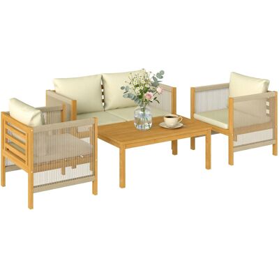 JHY DESIGN Conjunto De Jardín De 4 Piezas En Madera De Acacia Que Incluye Un Sofá, Dos Sillones Con Cojines Y Una Mesa De Centro. JHY DESIGN Conjunto De Jardín De 4 Piezas En Madera De Acacia Que Incluye Un Sofá, Dos Sillones Con Cojines Y Una Mesa De Centro.