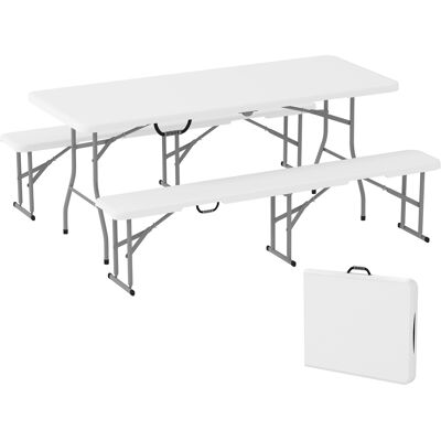 IROVAMI Conjunto De Picnic Plegable De 3 Piezas Con Mesa Y 2 Bancos, Fabricado En Hdpe Y Metal, En Color Blanco Y Gris Claro. IROVAMI Conjunto De Picnic Plegable De 3 Piezas Con Mesa Y 2 Bancos, Fabricado En Hdpe Y Metal, En Color Blanco Y Gris Claro.