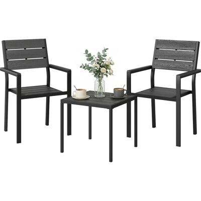JHY DESIGN Conjunto De Jardín De 3 Piezas Con 2 Sillas Y Una Mesa De Hdpe, Diseño De Listones Con Efecto Madera Para Patio O Balcón, Color Negro. JHY DESIGN Conjunto De Jardín De 3 Piezas Con 2 Sillas Y Una Mesa De Hdpe, Diseño De Listones Con Efecto Madera Para Patio O Balcón, Color Negro.