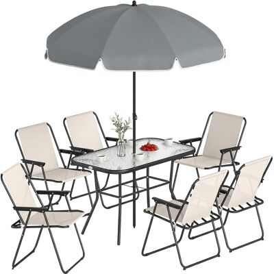 OEM Conjunto De Mesa Y Sillas Jardín De 8 Piezas Con Sombrilla 6 Sillas Plegables Mesa De Vidrio Templado Crema OEM Conjunto De Mesa Y Sillas Jardín De 8 Piezas Con Sombrilla 6 Sillas Plegables Mesa De Vidrio Templado Crema