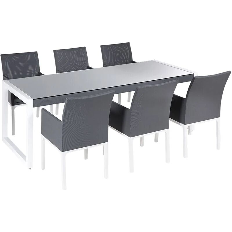 BELIANI Conjunto de comedor de jardín mesa con tablero de vidrio y marco de aluminio 202 x 90 cm 6 plazas con cojines de asiento Bacoli - Gris