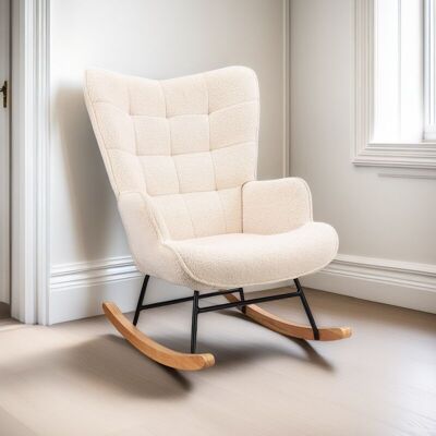 TANANT Cómoda Mecedora De Tela Con Reposabrazos Y Respaldo Capitoné, Patas De Madera Maciza, Estilo Escandinavo, Beige TANANT Cómoda Mecedora De Tela Con Reposabrazos Y Respaldo Capitoné, Patas De Madera Maciza, Estilo Escandinavo, Beige