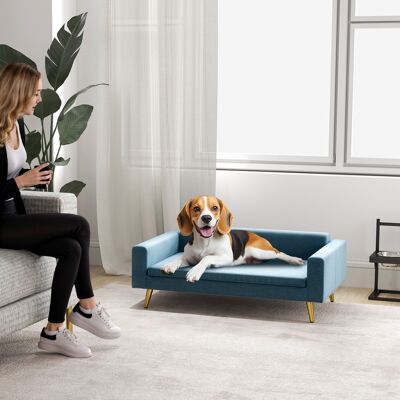 PZCC Sofá Cama Para Perros De Diseño Escandinavo Con Cojín Suave Y Patas De Metal Dorado, 94 X 59,5 X 31,5 Cm, Terciopelo Azul Sedoso. PZCC Sofá Cama Para Perros De Diseño Escandinavo Con Cojín Suave Y Patas De Metal Dorado, 94 X 59,5 X 31,5 Cm, Terciopelo Azul Sedoso.