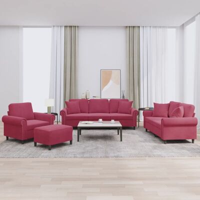 Juego de Sofás de Terciopelo 4 Piezas - Rojo Tinto - Muebles de Salón Juego de Sofás de Terciopelo 4 Piezas - Rojo Tinto - Muebles de Salón