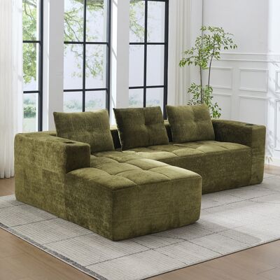 OKWISH Sofá De Esquina, Con Tres Cojines, Portavasos, Verde, 258x163x68 Cm OKWISH Sofá De Esquina, Con Tres Cojines, Portavasos, Verde, 258x163x68 Cm