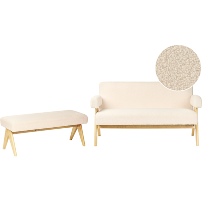 BELIANI Conjunto De Sala De Estar Retro Sofá 2 Plazas Banco Tapizado De Bouclé Patas De Madera Blanco Crema Y Marrón Claro Tamre BELIANI Conjunto De Sala De Estar Retro Sofá 2 Plazas Banco Tapizado De Bouclé Patas De Madera Blanco Crema Y Marrón Claro Tamre