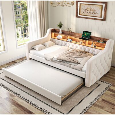BEAOK Cama Sofá Nido Extraíble 90x190 Cm De Terciopelo Beige, Con Estante, Luz Led Regulable Y Usb-c BEAOK Cama Sofá Nido Extraíble 90x190 Cm De Terciopelo Beige, Con Estante, Luz Led Regulable Y Usb-c