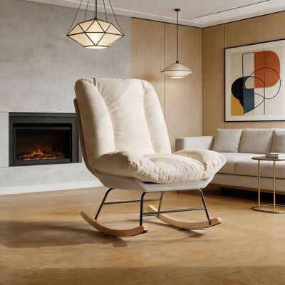 OEM Sillón Mecedora Escandinavo Beige - Tejido Acolchado, Respaldo Reclinable En 5 Posiciones, Madera+métal OEM Sillón Mecedora Escandinavo Beige - Tejido Acolchado, Respaldo Reclinable En 5 Posiciones, Madera+métal