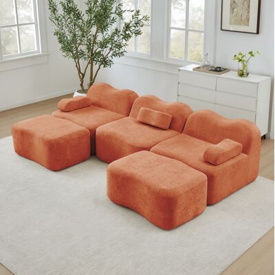 BEAOK Canapé Modular En U De Terciopelo Naranja, 3 Plazas, Con 2 Otomanas Y Asiento Profundo BEAOK Canapé Modular En U De Terciopelo Naranja, 3 Plazas, Con 2 Otomanas Y Asiento Profundo