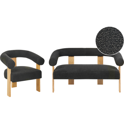 BELIANI Conjunto De Sala De Estar Retro Sofá 2 Plazas Sillón Tapizado De Bouclé Patas De Madera Negro Y Marrón Claro Ilbro BELIANI Conjunto De Sala De Estar Retro Sofá 2 Plazas Sillón Tapizado De Bouclé Patas De Madera Negro Y Marrón Claro Ilbro