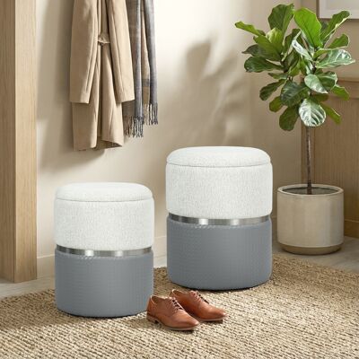 TORMATOR Juego De 2 Puff Almacenaje Tapizados En Chenilla Y Pu Asiento Acolchado Para Pasillo Dormitorio Gris Y Crema TORMATOR Juego De 2 Puff Almacenaje Tapizados En Chenilla Y Pu Asiento Acolchado Para Pasillo Dormitorio Gris Y Crema