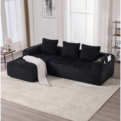 BEAOK Sofá Modular De Pana Negra 253 X 158 Cm Con Bolsillos Laterales, Portavasos Y 3 Cojines BEAOK Sofá Modular De Pana Negra 253 X 158 Cm Con Bolsillos Laterales, Portavasos Y 3 Cojines