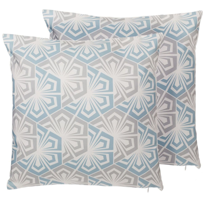 Beliani Juego de 2 Cojines Decorativos - Patrón Geométrico Floral Azul y Gris 45 x 45 cm Beliani Juego de 2 Cojines Decorativos - Patrón Geométrico Floral Azul y Gris 45 x 45 cm