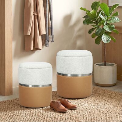 TORMATOR Juego De 2 Puff Almacenaje Tapizados En Chenilla Y Pu Asiento Acolchado Para Pasillo Dormitorio Marrón Y Crema TORMATOR Juego De 2 Puff Almacenaje Tapizados En Chenilla Y Pu Asiento Acolchado Para Pasillo Dormitorio Marrón Y Crema