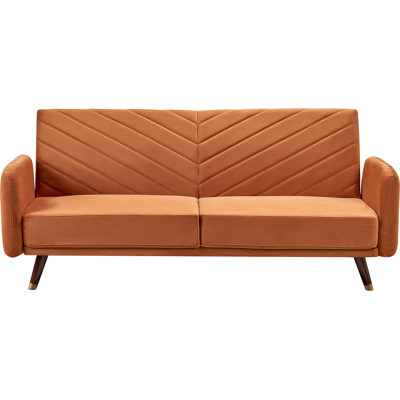 BELIANI Sofá Cama 3 Plazas De Terciopelo Naranja Madera Oscura Reclinable Senja BELIANI Sofá Cama 3 Plazas De Terciopelo Naranja Madera Oscura Reclinable Senja