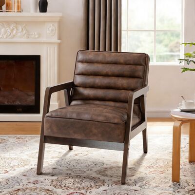 PZCC Sillón, Sillón Auxiliar Tapizado En Pu Con Asiento Ancho, Cojín Grueso Y Estructura De Madera Maciza, Color Marrón. PZCC Sillón, Sillón Auxiliar Tapizado En Pu Con Asiento Ancho, Cojín Grueso Y Estructura De Madera Maciza, Color Marrón.