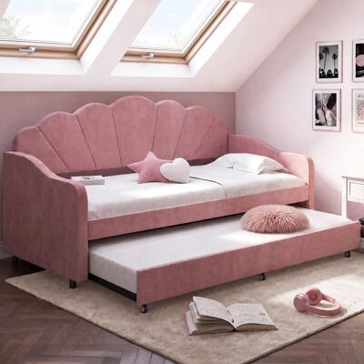 IDMARKET Cama-sofá Extraíble Con Forma De Concha Amanda, 2 X 90 X 190 Cm, Con 2 Somieres De Terciopelo Rosa Empolvado IDMARKET Cama-sofá Extraíble Con Forma De Concha Amanda, 2 X 90 X 190 Cm, Con 2 Somieres De Terciopelo Rosa Empolvado