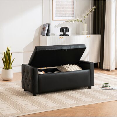 MODFU Ottomana Rectangular 100,5x46x29 Cm Con Almacenamiento, Revestimiento Pu, Asiento Acolchado, Uso Diario - Negro MODFU Ottomana Rectangular 100,5x46x29 Cm Con Almacenamiento, Revestimiento Pu, Asiento Acolchado, Uso Diario - Negro