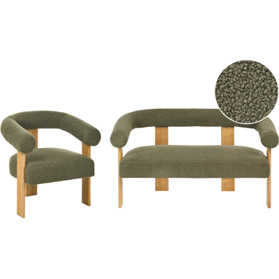 BELIANI Conjunto De Sala De Estar Retro Sofá 2 Plazas Sillón Tapizado De Bouclé Patas De Madera Verde Y Marrón Claro Ilbro BELIANI Conjunto De Sala De Estar Retro Sofá 2 Plazas Sillón Tapizado De Bouclé Patas De Madera Verde Y Marrón Claro Ilbro