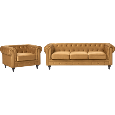 BELIANI Conjunto De Salón Chesterfield Tapizado En Tela De Terciopelo Amarillo Sofá 3 Plazas + Sillón Patas De Madera Oscura Estilo Contemporáneo Chesterfield BELIANI Conjunto De Salón Chesterfield Tapizado En Tela De Terciopelo Amarillo Sofá 3 Plazas + Sillón Patas De Madera Oscura Estilo Contemporáneo Chesterfield