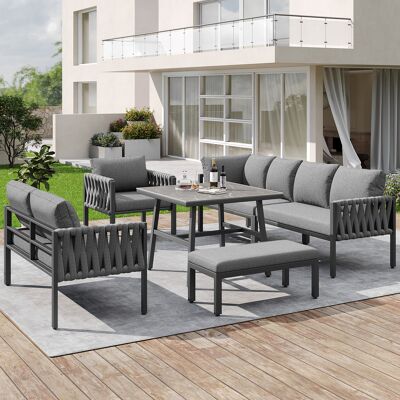 HAUSS SPOLE Conjunto De Sofá De Jardín De 5 Piezas, Sofá De 6 Plazas, 1 Mesa De Centro, Tejido De Cuerda, Patas Ajustables, Muebles De Jardín, Gris HAUSS SPOLE Conjunto De Sofá De Jardín De 5 Piezas, Sofá De 6 Plazas, 1 Mesa De Centro, Tejido De Cuerda, Patas Ajustables, Muebles De Jardín, Gris