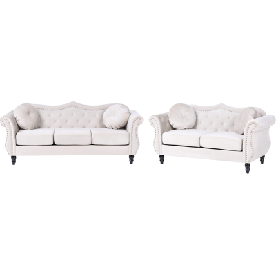 BELIANI Conjunto De Sala De Estar En Terciopelo Beige 2 Plazas 3 Plazas Apoyabrazos Enrollados Cojines Estilo Glam Skien BELIANI Conjunto De Sala De Estar En Terciopelo Beige 2 Plazas 3 Plazas Apoyabrazos Enrollados Cojines Estilo Glam Skien